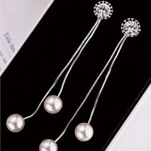 Elegant Silver color and Pearl Drop 2.96 inches with crystal design Earrings